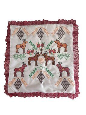Artisan Handmade Embroidered Slavic Folk Pillow Cover Cottagecore White Satin